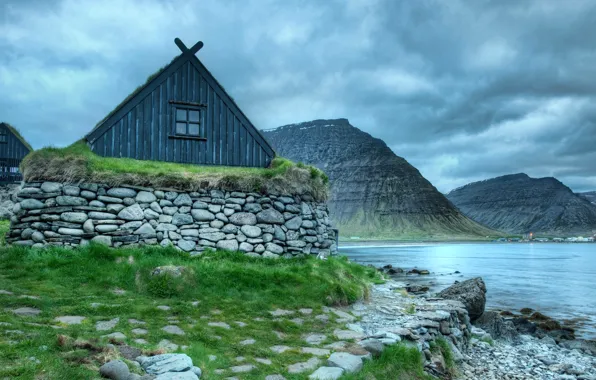 Picture the sky, clouds, mountains, lake, hdr, house, Iceland, Iceland