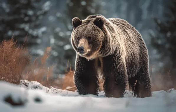 Winter, snow, nature, bear, walk, brown, digital art, AI art