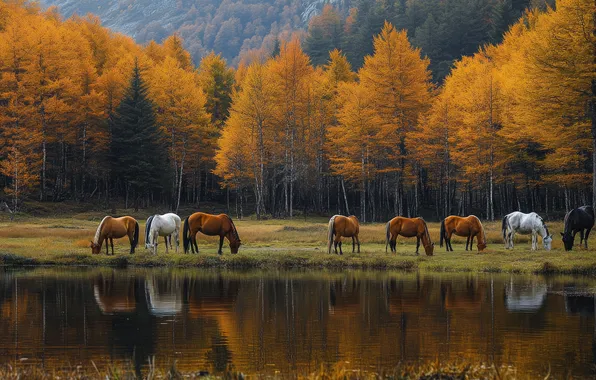 Field, autumn, forest, trees, reflection, horse, shore, horse