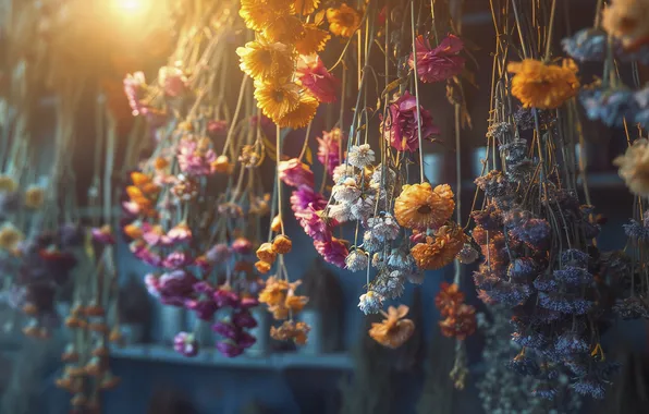 Rays, light, flowers, dried, bouquets, hang, dry flowers, AI art