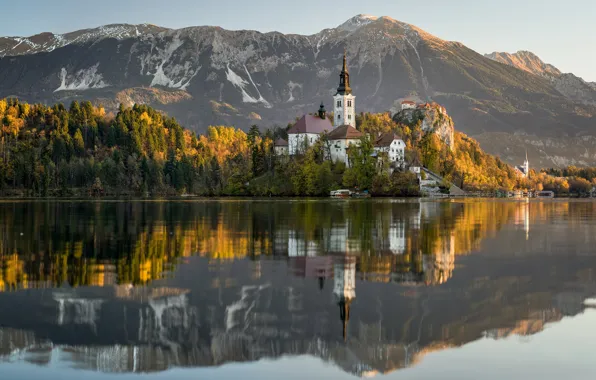 Picture autumn, mountains, lake, reflection, island, Slovenia, Lake Bled, Slovenia