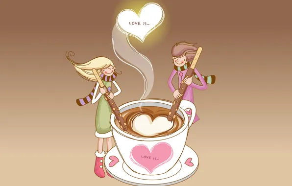 Love, coffee, sticks, pair, hearts, wonderful feeling, love is