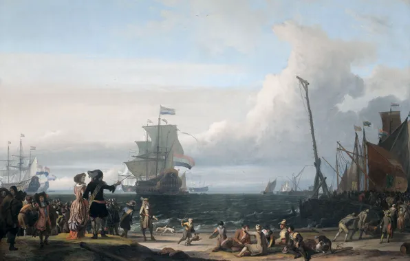 Landscape, people, picture, Ludolf Bakhuizen, Dutch Ships at anchorage at Texel