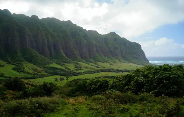 Picture sea, the sky, mountains, valley, haze