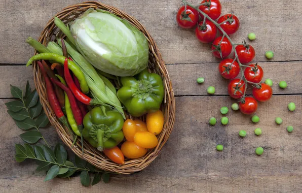 Peas, vegetables, tomatoes, cabbage