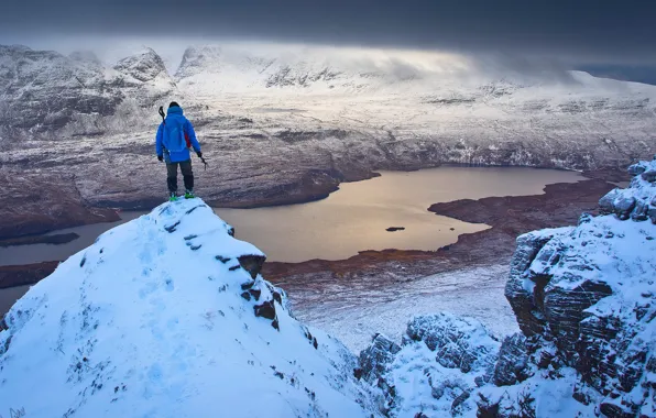 Winter, clouds, snow, mountains, lake, stones, rocks, people