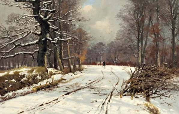 Danish painter, oil on canvas, Vinterbillede fra skovene ved Hillerød, Of Thorvald NISS, Danish landscape …