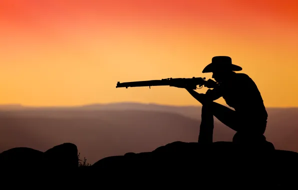 Picture sunset, cowboy, rifle, Enfield