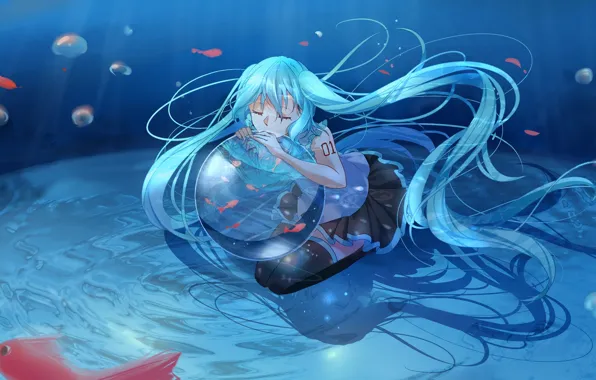 Water, girl, fish, ball, Hatsune Miku, Vocaloid, Vocaloid, under water