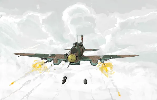 Picture clouds, figure, art, shooting, attack, bombs, THE SOVIET AIR FORCE, Ilyushin