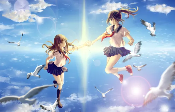 Picture the sky, the sun, clouds, birds, girls, anime, art, form