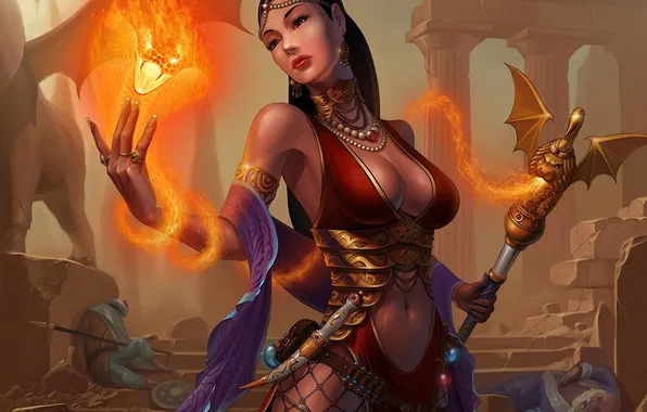 Girl, fire, magic, snake, art, columns, dagger, steps