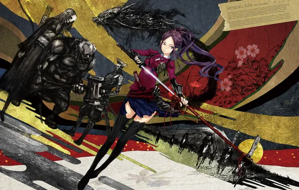 Picture girl, flowers, abstraction, weapons, mountain, monster, sword, katana