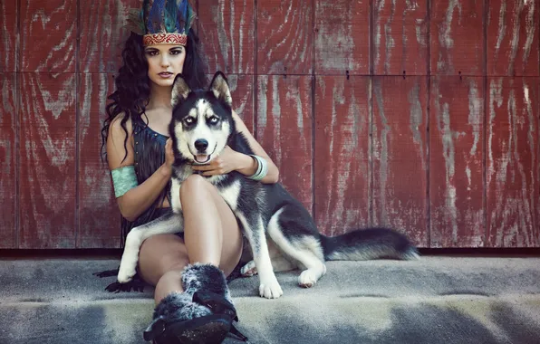 Picture look, model, dog, feathers, headdress, Victoria Vesce