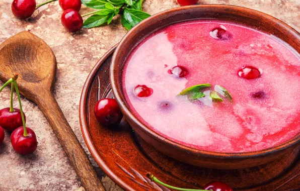 Cherry, food, plate, cherry, spoon, soup, Cup, dessert
