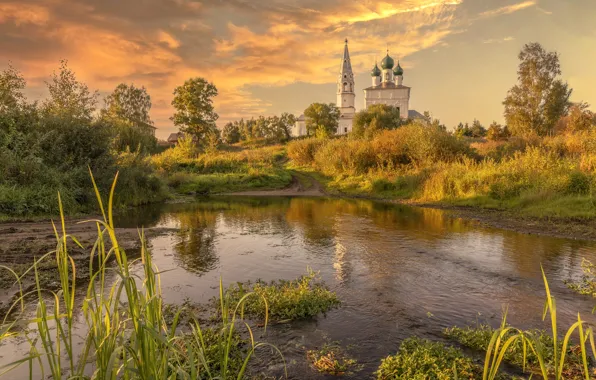 Landscape, sunset, nature, village, temple, Bank, Yaroslavl oblast, river