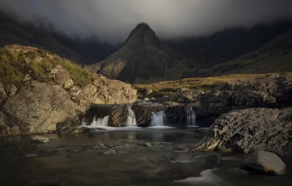 Clouds, light, mountains, fog, stones, overcast, rocks, shore