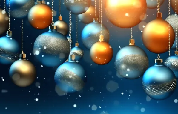 Balls, snow, Shine, blue, Christmas, New year, snowfall, gold