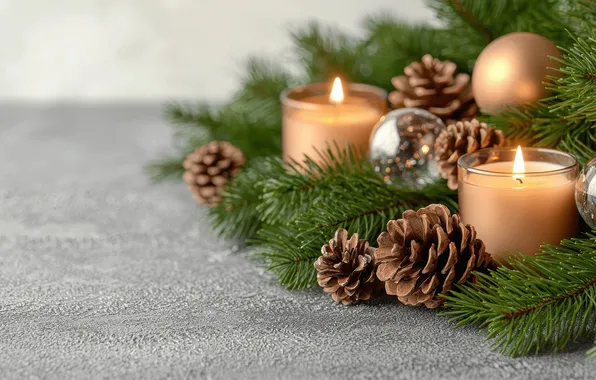 Balls, branches, flame, candles, Christmas, New year, grey background, needles