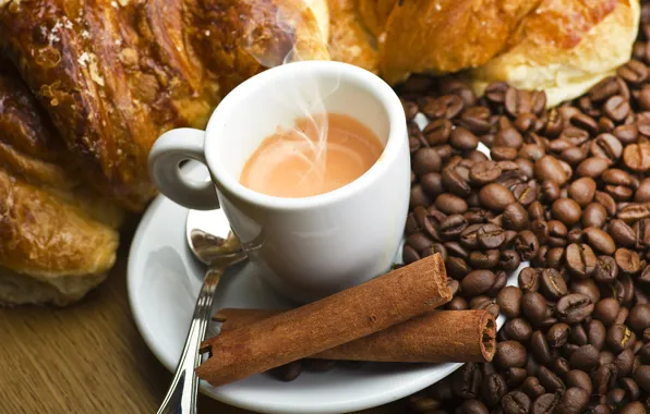 Picture coffee, grain, sticks, Cup, cinnamon, croissant, espresso