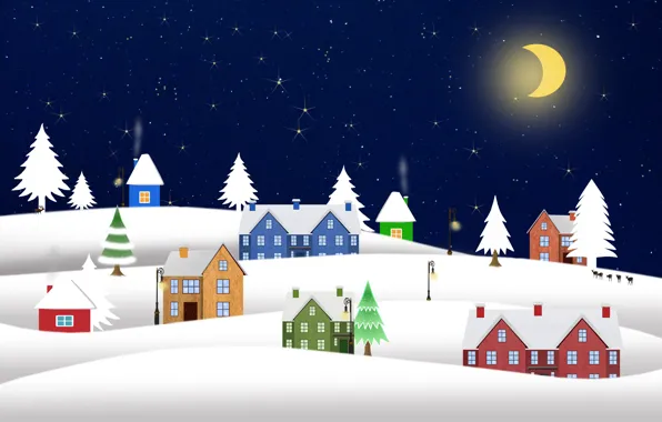 Winter, night, the moon, graphics, Christmas, New year, houses