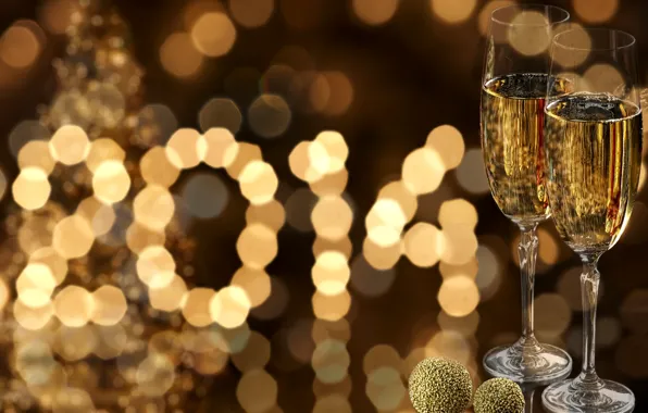 Gold, New Year, glasses, Christmas, figures, champagne, Christmas, holidays