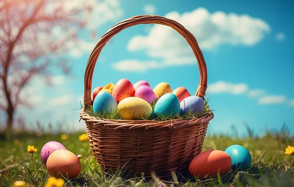 Flowers, basket, glade, eggs, spring, colorful, Easter, happy