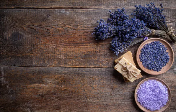 Flowers, Board, soap, bowl, lavender, buds, bath salt, sea salt