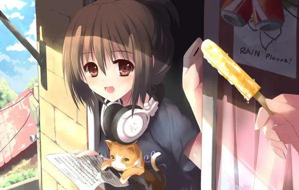 Picture cat, girl, clouds, notes, home, anime, headphones, ice cream