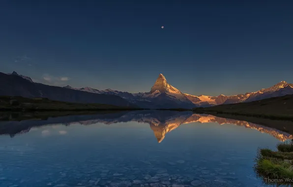 Night, lake, reflection, the moon, mountain