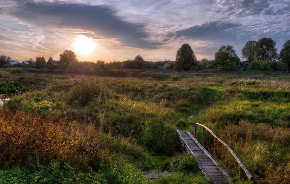 Field, landscape, sunset, bridge