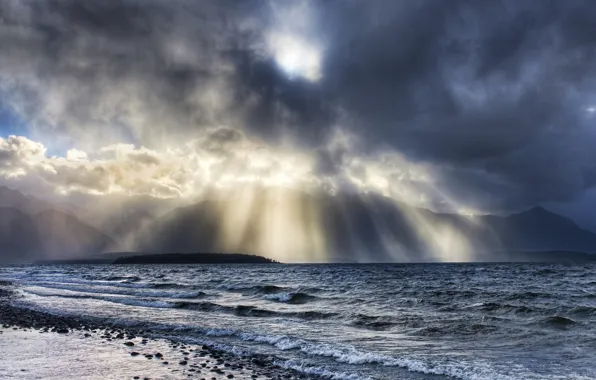 Picture wave, water, clouds, rays, light, stones, Shore