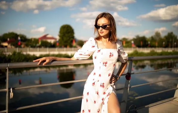 Picture girl, pose, river, hands, dress, glasses, Dmitry Shulgin