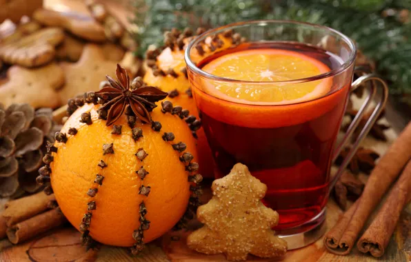 Picture orange, New Year, cookies, Christmas, drink, cinnamon, carnation, holidays