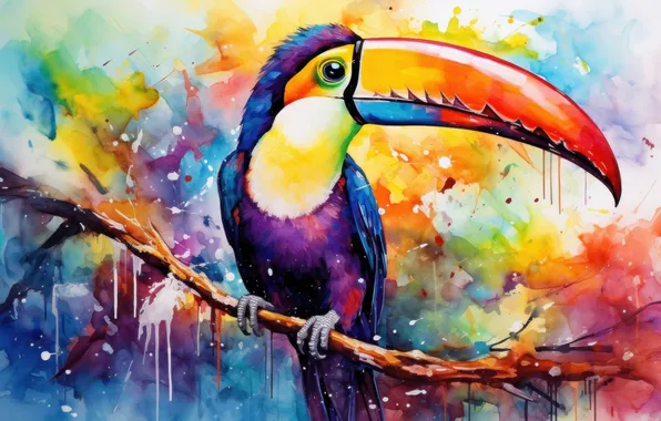 Bird, branch, painting, Toucan, AI art, neural network