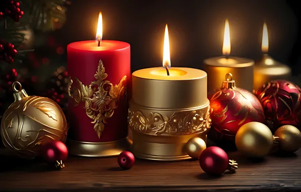 Balls, table, fire, flame, Board, candles, Christmas, New year