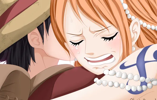 Girl, guy, two, One Piece, tears, hugs