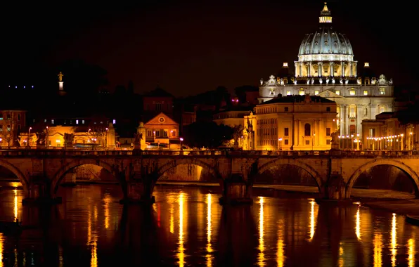 Night, bridge, lights, river, Rome, Italy, The Vatican, The Tiber
