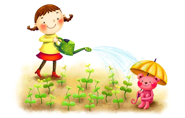 Sprouts, smile, umbrella, figure, girl, braids, lake, animal