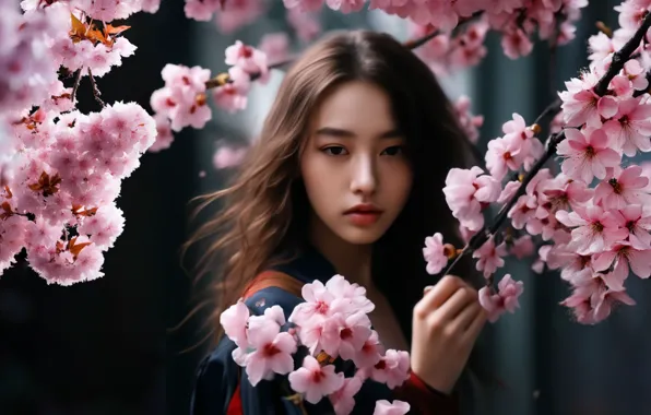Girl, landscape, flowers, nature, spring, Asian, flowering tree, ai art