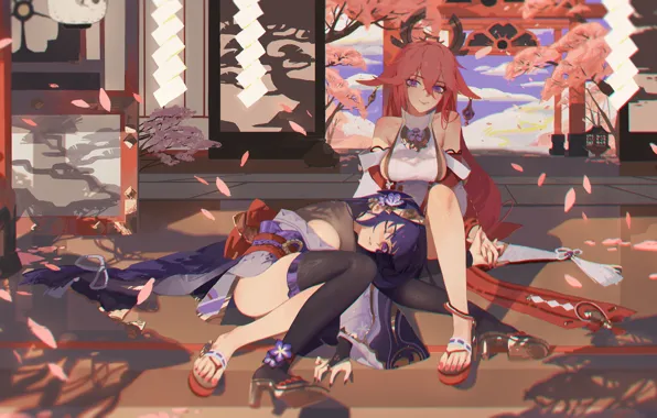 Girls, petals, torii, Genshin Impact, Raiden Shogun, Yae Miko
