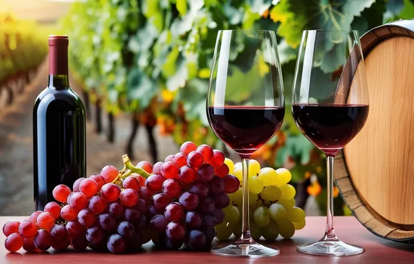 Summer, leaves, light, red, green, berries, table, wine