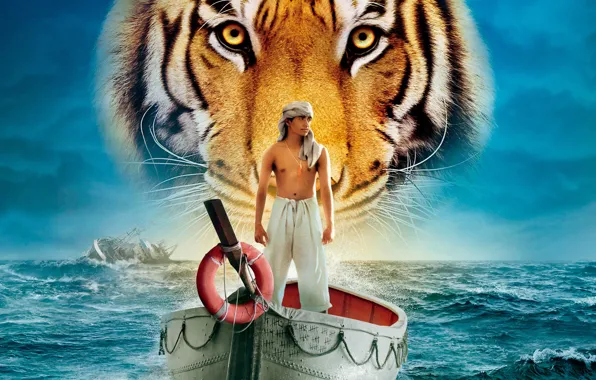 Picture sea, water, tiger, boat, people, ship, guy, Life Of PI