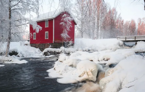 Picture winter, bridge, river, home