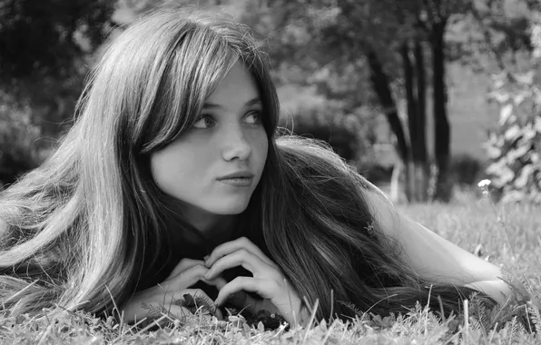 Look, girl, face, hair, black and white