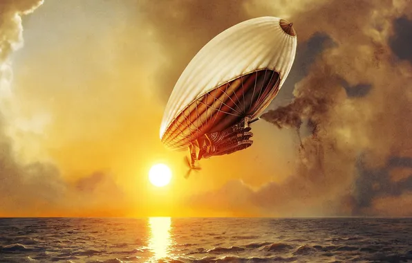Picture sea, the sky, the sun, the airship