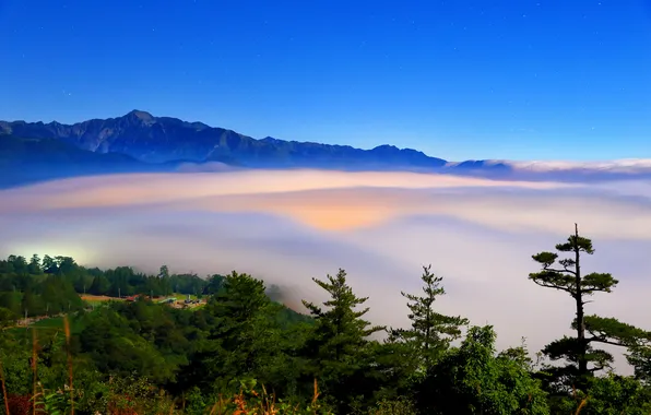 The sky, trees, mountains, fog