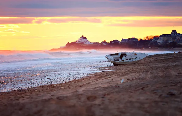 Sea, beach, the sky, light, the city, shore, boat, the evening