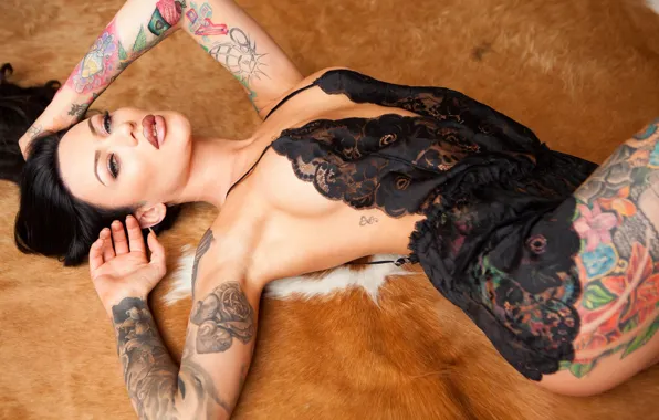 Girl, body, hands, negligee, girl, hip, tattoo, painting
