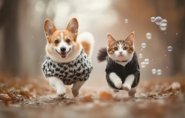 Cat, look, nature, pose, kitty, dog, a couple, faces